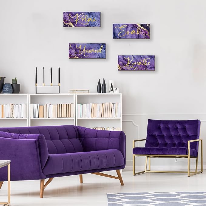 ONIZHITY 4 Pcs Purple and Gold Bathroom Decor Purple Gold Wall Decor Relax Soak Unwind Breathe Wooden Rustic Marble Style Bathroom Accessories for Bedroom Living Room Decor (10X4)