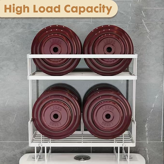 PowerKing Over The Toilet Storage Shelf, 2-Tier Bathroom Organizer Rack with 2 Hooks, No-Drill, Rust-Resistant Steel, Toilet Paper Holder for Restroom Bathroom, White