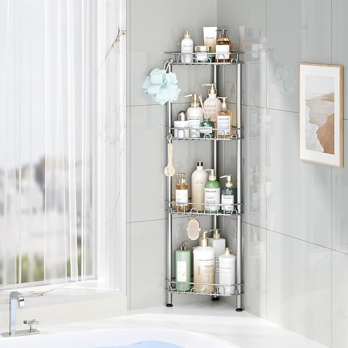 SWTYMIKI Standing Shower Caddy Corner - 4‑Tier Stainless Steel Shower Organizer Shelf with 12 Hooks and Adhesive Pads, Rustproof Corner Shelves Stand Rack for Bathroom Shower Room, Silver