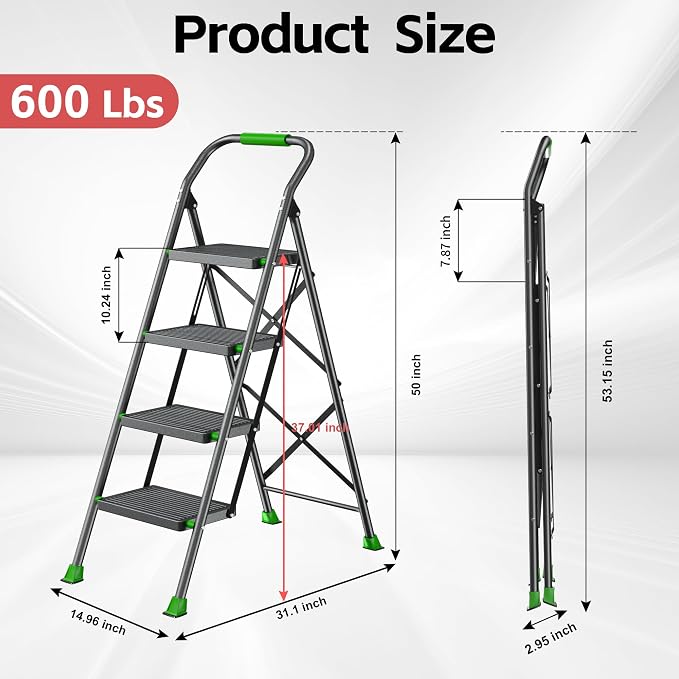 Step Ladder Foldable Folding Stool - for Home Adults Kitchen 4 Stepping Extension Tall Heavy Duty with Handrails - Closet Stepstool Stair Ladders Extendable Stepladder for Indoor House 600Lbs