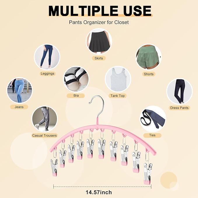 Legging Organizer for Closet, Metal Yoga Pants Hangers 2 Pack w/10 Clips Holds 20 Leggings, Space Saving Hanging Closet Organizer w/Rubber Coated Closet Organizers and Storage, Pink