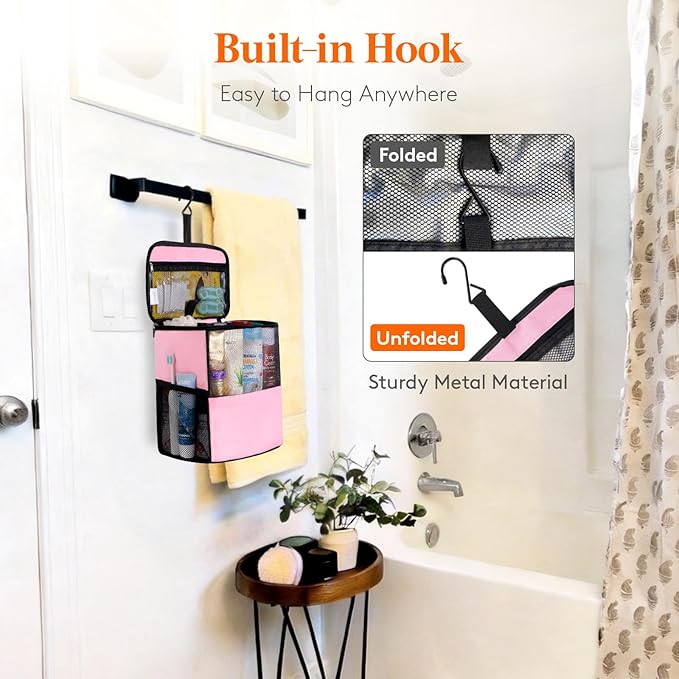 Lifewit Mesh Shower Caddy Bag Portable for College Dorm Room Essentials, Hanging Organizer Basket, Quick Dry Tote Bag for Camping, Bathroom, Beach, Travel, Large, Pink