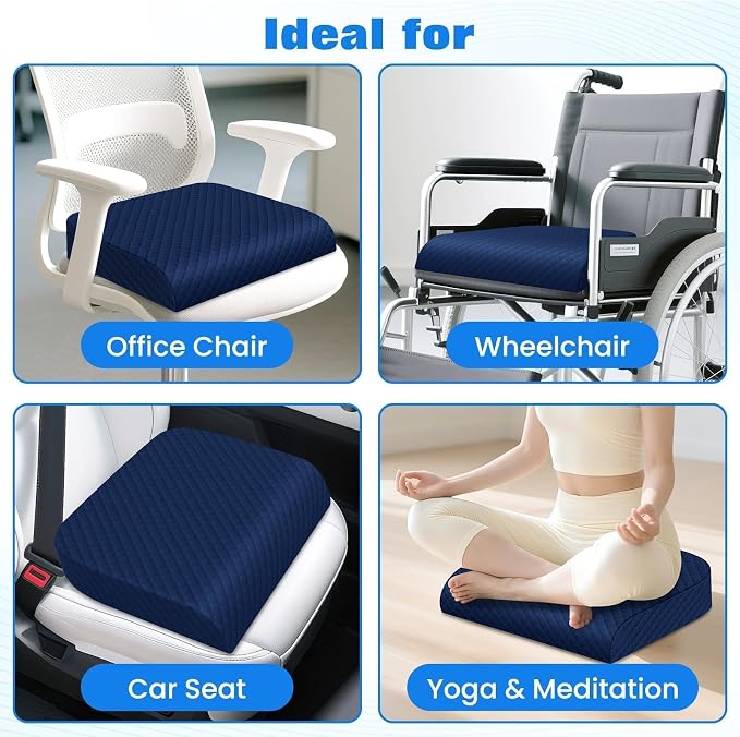 Seat Cushion for Office Chair, Memory Foam Chair Cushions, Car Seat Cushion for Long Sitting, Desk Chair Cushion for Pressure Relief, Non-Slip Bottom, Washable Cover, X-Large, Blue