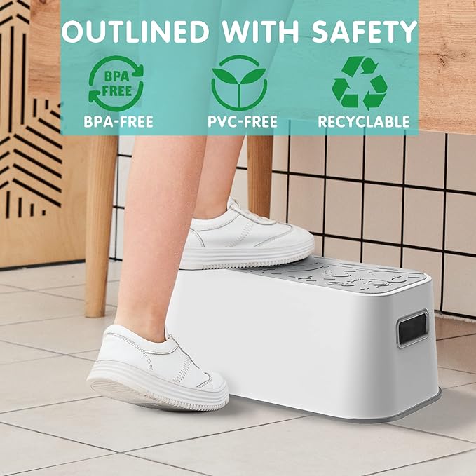 UNCLE WU Step Stool for Kids and Adults – Non-Slip Toilet Squatting Stool, 200 lbs Capacity, Potty Training Step Stool for Toddlers, Better Posture Bathroom & Sink Use(Gray White)