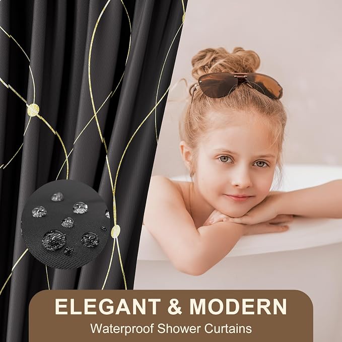 XLHOMO Black and Gold Bathroom Accessories Set - 24PCS with Shower Curtain, Rugs, and Waterproof Curtain Set