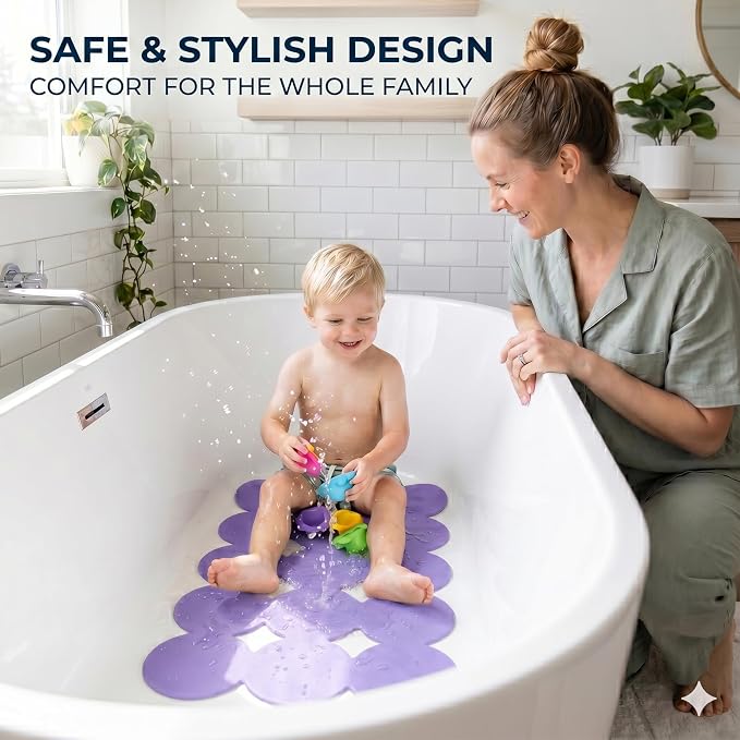 Webos Patented Non Slip Bathtub Mat Shower Mat Bath Mat Tub Mats with Strong Suction Cups Soft Natural Rubber Bath Mat for Inside The tub (Circle-Purple, 28x16 inch)