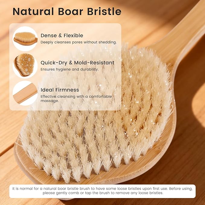 Back Scrubber for Shower，17in Bamboo with Curved Long Handle - Stiff Natural Boar Bristles for Men and Women, Deep Cleansing and Exfoliating, Anti-Slip Grip for Wet or Dry Brushing