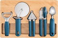 OOU Kitchen Gadget Set, 5 Piece Premium Zinc Alloy Kitchen Tools with Ergonomic TPE Handles – Includes Can Opener, Pizza Cutter, Garlic Press, Ice Cream Scoop, Peeler, and Wooden Storage Tray