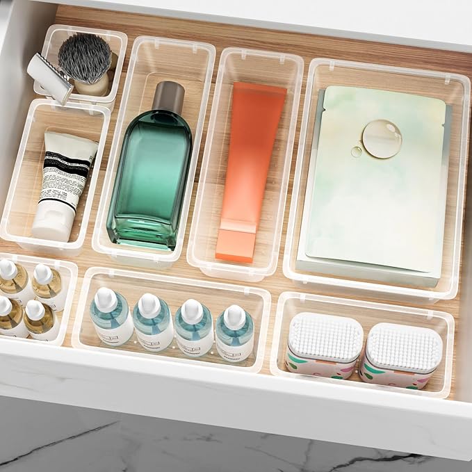 ElegantArray 24 PCS Drawer Organizer Set, 4 Sizes Tool Storage Trays, Clear Plastic Makeup Vanity Organizer and Storage Bins for Makeup, Stationeries, Multiple Gadgets for Bathroom, Office, Bedroom