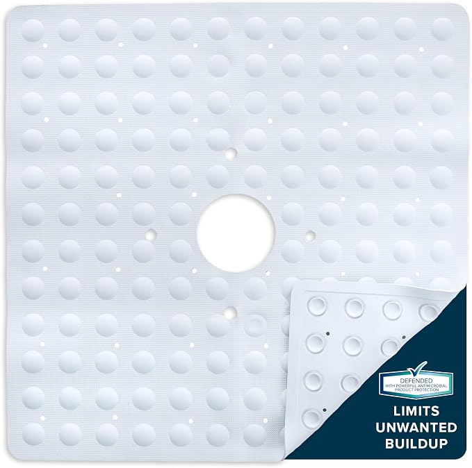 SlipX Solutions Square Natural Rubber Shower Stall Mat, 21” x 21”, Mildew Resistant, Non Slip Safety, Antimicrobial Product Protection, 140 Power Grip Suction Cups, Center Drain Hole, White