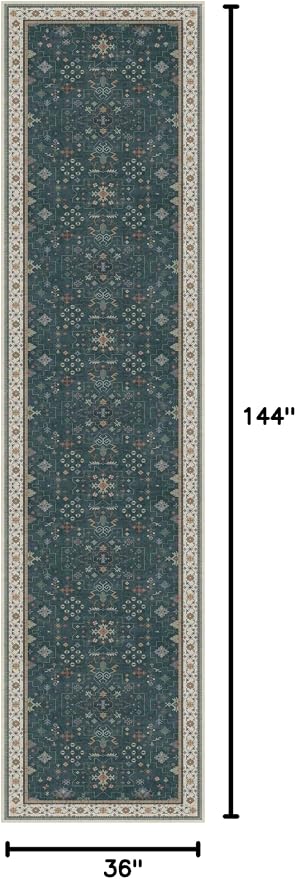Hazo Haus Dark Green Hallway Runner Rug 12 ft Long - Modern Vintage Boho Eclectic Floral with Brown Accent, Washable Low Pile Non-Slip Extra Long Wide Runner Rugs for Kitchen, 3x12