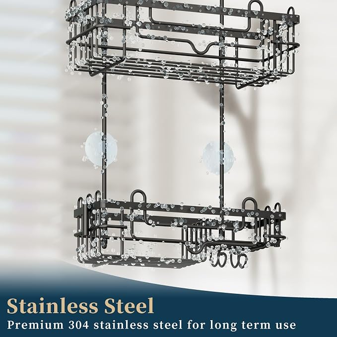 Consumest Over the Door Shower Caddy - 2-Tier Hanging Shower Organizer with Soap Holder, Rustproof Bathroom Storage and Organizer Rack for Shampoo, Towels, and Toiletries, Black