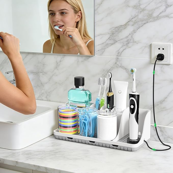 PARKMANI Bathroom Counter Organizers and Storage, Toothbrush Holders for Bathrooms with 3 PCS Qtip Holder, Kids Electric Toothbrush and Toothpaste Holder for Bathroom Vanity Sink Organizer (White)