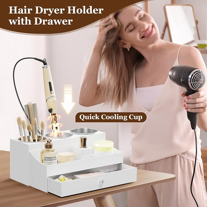 GFWARE Acrylic Hair Dryer Holder with Drawer, Bathroom Organizer Countertop Drawers with 3 Stainless Cups, Makeup Vanity Accessories, Hair Hot Tools Organizer, Toiletry, White