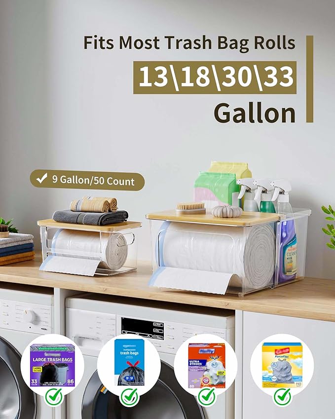 iCASA Trash Bag Dispenser Holder - 3 in 1 Acrylic Under Sink Organizer Garbage Bags Container with Bamboo Lid, Holds up to 100 Count 13/30/33 Gallon Bag Roll for Kitchen, Pantry, Laundry Room Storage