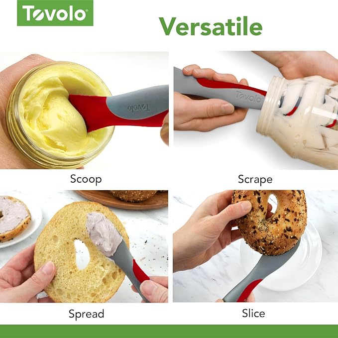 Tovolo Mini Scoop and Spread Tool for Kitchen Meal Prep Small Sandwich Spreader Spatula for Peanut Butter Jelly, Silicone BPA Free Dishwasher Safe Scooper Spreader, Cayenne Red and Oyster Gray