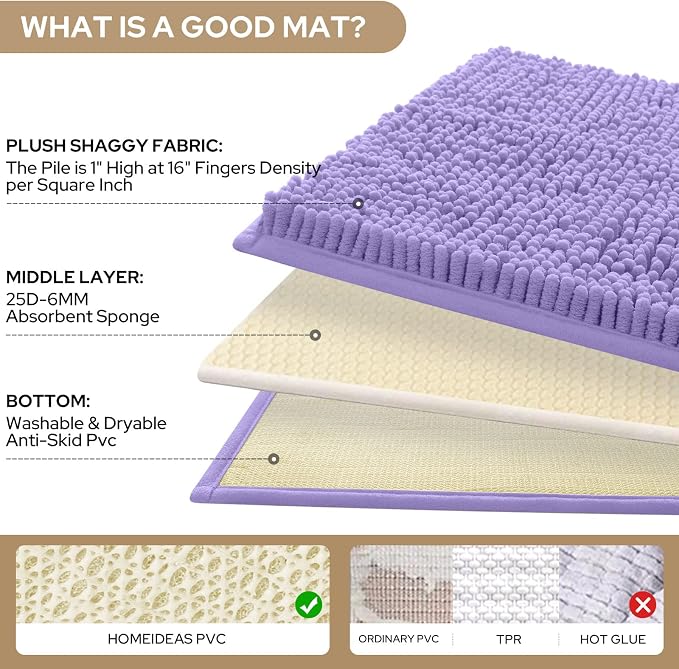 HOMEIDEAS 3 Pieces Bathroom Rugs, Ultra Soft Non Slip Absorbent Chenille Toilet Bath Mat Set (Lavender)