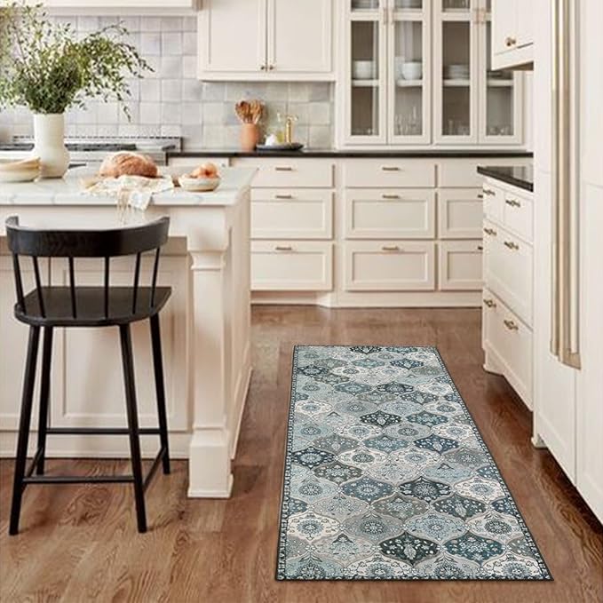 Lahome Moroccan Washable Runner Rug, 2'5''x8' Ultra-Thin Vintage Kitchen Runners for Hallways, Oriental Non-Slip Hallway Rug Carpet for Entryway Bedroom Laundry Room Foyer Elise, Blue