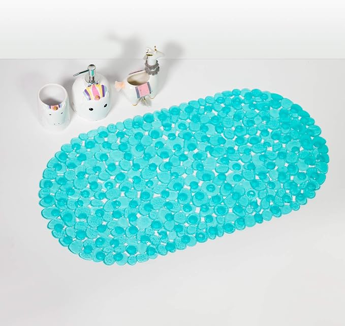 WELTRXE Pebbles Bath Mat Oval Non-Slip Bathtub Mat with Suction Cups, Drain Holes for Bathroom Showers, Tub, Machine Washable, BPA, Latex Free Safe Shower Mats, 27 x 14 Inch, Teal
