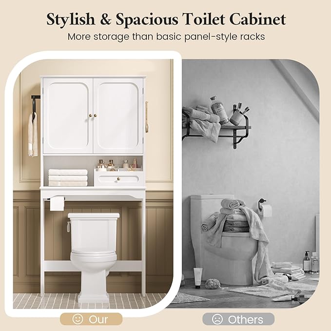 Over The Toilet Storage Cabinet with Adjustable Shelves & 2 Doors, Bathroom Storage Cabinet with One 4-Section Drawer, Towel Holder & Toilet Paper Holder for Bathroom, Laundry Room