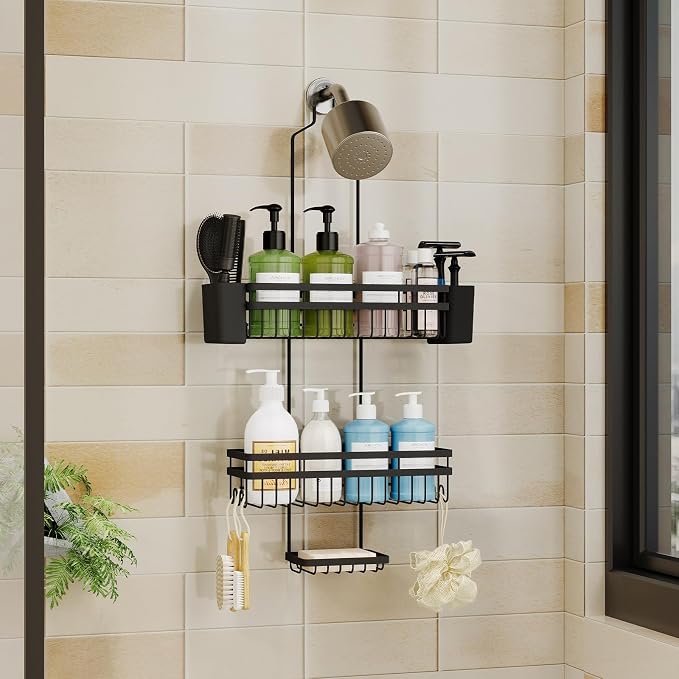 Shower Caddy Hanging for Bathroom Organizers and Storage,3 Tier Adjustable Anti-Swing Shower Organizer Hanging with Heavy-Duty Suction Cups, Damage-Free Rustproof (Black)