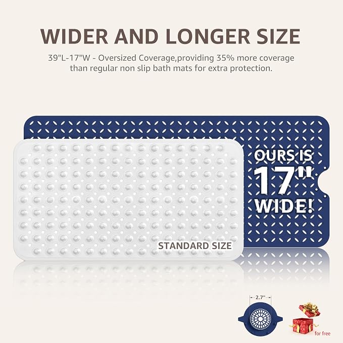 OTHWAY Bath Mat for Tub Non Slip: 39" X 17" Long Bathtub Mat with Hair Catcher│Big Drain Holes Shower Mats for Inside Shower│Machine Washable (Navy Blue)