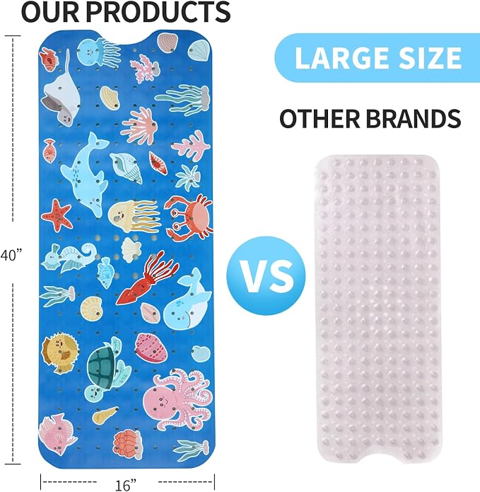 Bath Tub Shower Mat Non Slip Kids Bathtub Mat Anti Slip Baby Bath Mat for Tub 40 x 16 Inch Extra Long Toddler Bath Mat with Suction Cups and Drain Holes for Bathroom Floor,Machine Washable,Octopus