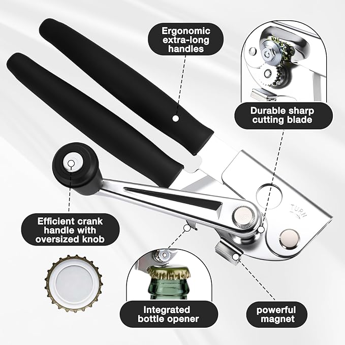 Commercial Can Opener with Magnet,Crank Can Opener Manual Heavy Duty with Comfortable Extra-long Handles, Ergonomic Design Large Handheld Can Open Easy for Big Cans,Bottle Opener