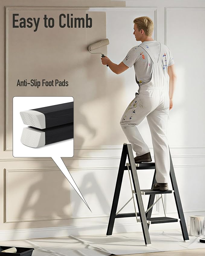 Mayi Plus 3 Step Ladder,Aluminum Folding Step Stool for Adults,Step Ladder with Wide Anti-Slip Pedal,330 lbs Capacity for Home,Kitchen,Library,Office(Ebony Woodgrain)