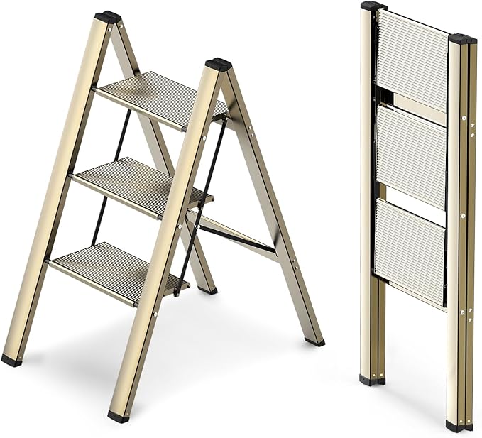 WOA WOA 3 Step Ladder, Foldable Step Stool, Aluminum Lightweight Ladder for Home Kitchen Closet, Anti-Slip Pedals, Ease of Folding, Portable, 300lbs Capacity - Gold