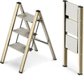 WOA WOA 3 Step Ladder, Foldable Step Stool, Aluminum Lightweight Ladder for Home Kitchen Closet, Anti-Slip Pedals, Ease of Folding, Portable, 300lbs Capacity - Gold