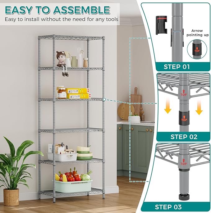 SINGAYE Shelf Wire Shelving Adjustable Storage Shelves Rack Standing Units for Kitchen Closet Laundry Bathroom Organizers Metal Pantry Narrow Mesh Gaps 14" D x 24" W x 72" H Grey