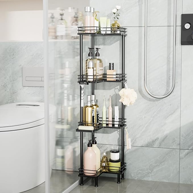 Consumest Corner Shower Caddy Standing - 4-Tier Stainless Steel Shower Organizer with Soap Holder and 4 Hooks, Large Capacity Corner Shelf Stand for Bathroom, Rest Room, Black