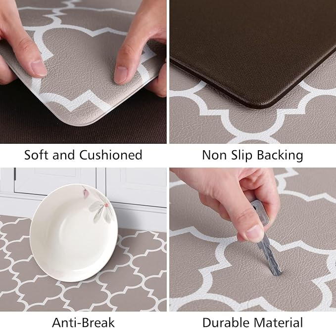 KMAT Kitchen Mat [2 PCS] Cushioned Anti-Fatigue Area Rug Sets, Waterproof Non-Slip Kitchen Mats and Rugs Heavy Duty PVC Ergonomic Comfort Foam Rug for Kitchen, Floor Home, Office, Sink, Khaki