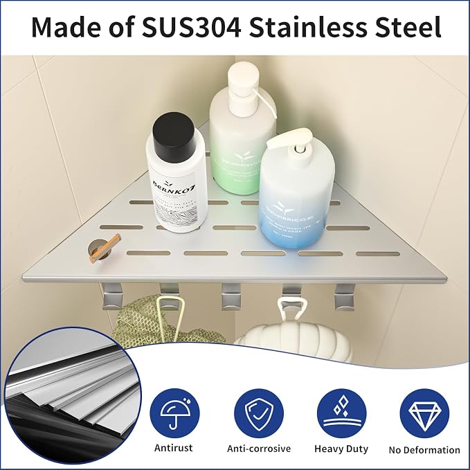 Corner Shower Shelf w/Hooks, Grout in Bathroom Shelves for Tiled Wall, 304 Stainless Steel Recessed Shower Shelf (Brushed, 12''-1pc)