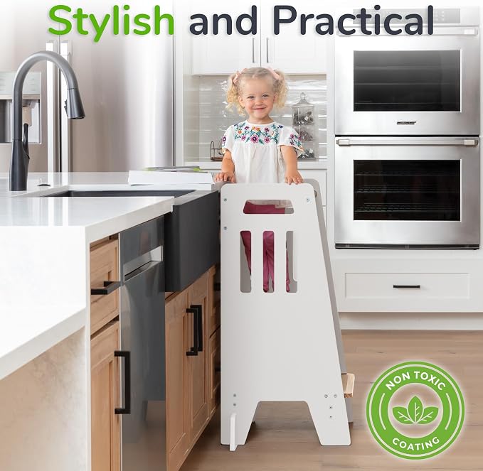 OCODILE Toddler Tower with a Sliding Door and 3 Adjustable Heights - Safe Toddler Kitchen Step Helper with Support Feet - Updated Design for 18+ Months to 6-Year-Old Kids - White