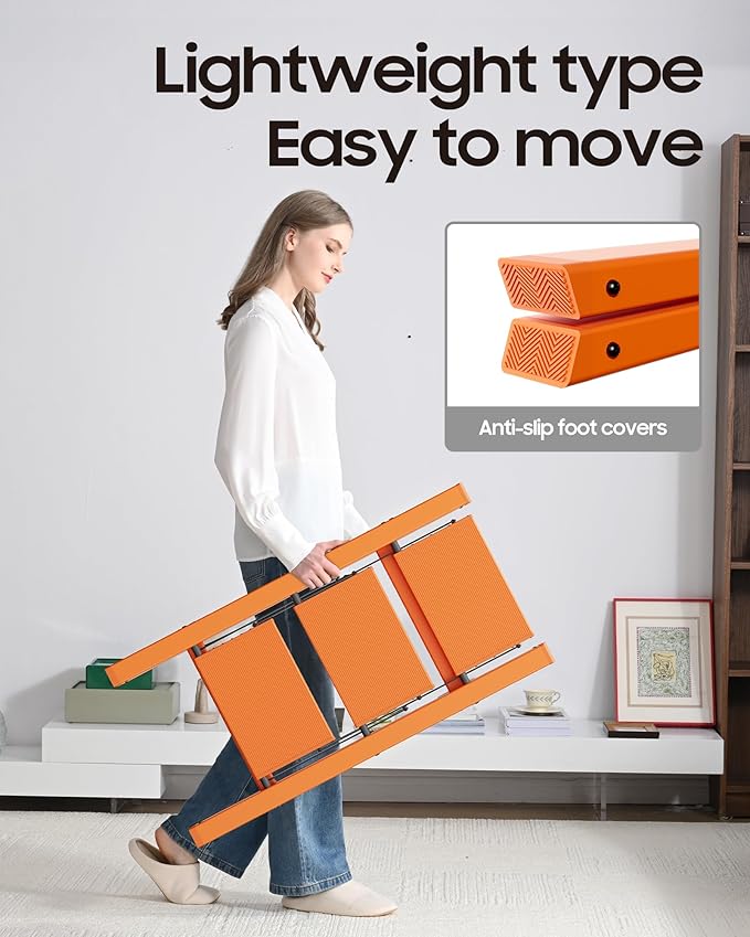 HillhutApex 3 Step Ladder, Lightweight Portable 3 Step Stool with Anti-Slip Wide Pedal, 330lbs Capacity Aluminum Ladder for Household,Office,Kitchen(Orange)