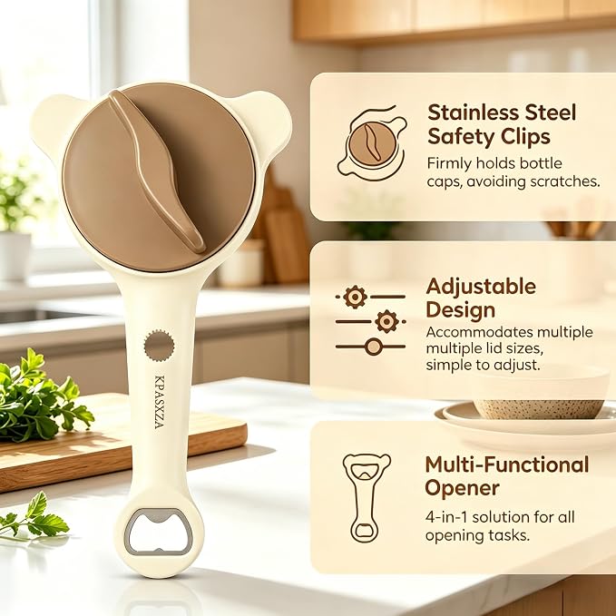 Jar Opener for Weak Hands,4 in 1 Multi-Purpose Jar Openers,Adjustable Jar Opener,Multi-Functional Bottle Openers with Non-Slip Grip for Wine Bottle,Perfect for Arthritis and Weak Hands (Beige)