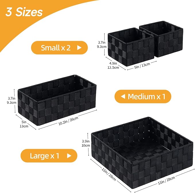 Posprica Small Black Baskets Cube Bin Container Tote,Woven Storage Baskets for Organizing Organizer Divider for Drawer, Closet, Shelf, Dresser, Set of 4