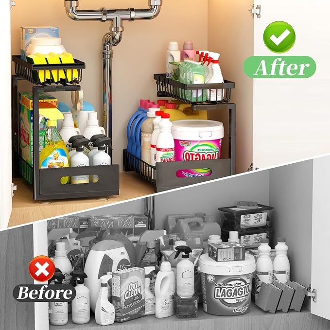 Adoymiro Under Sink Organizer, Adjustable Shelves, 2 Pack Pull Out Cabinet Organizer Slide Out Sink Shelf Cabinet Storage Shelves, Under Sink Storage for Kitchen Bathroom Cabinet