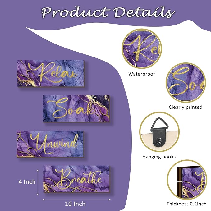 ONIZHITY 4 Pcs Purple and Gold Bathroom Decor Purple Gold Wall Decor Relax Soak Unwind Breathe Wooden Rustic Marble Style Bathroom Accessories for Bedroom Living Room Decor (10X4)