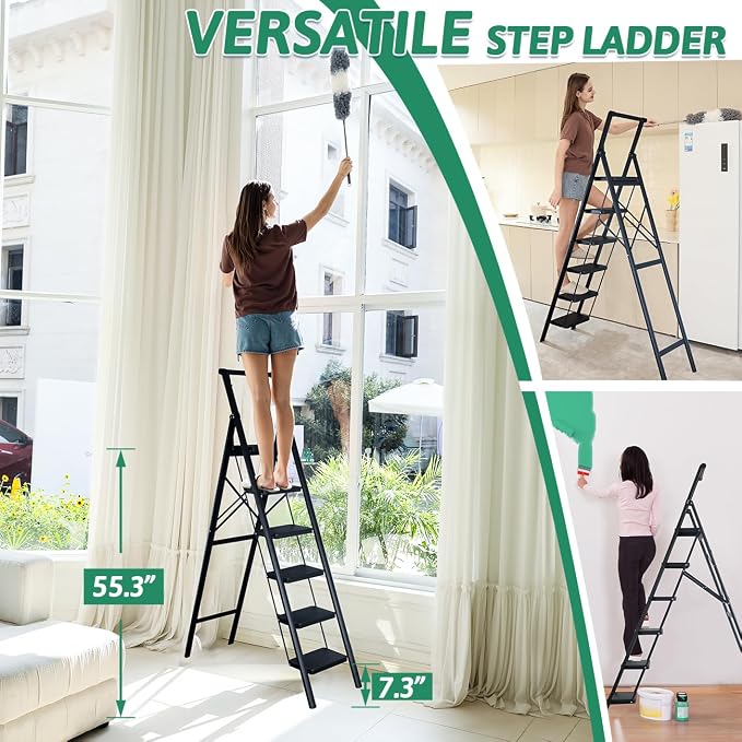 6 Step Ladder with Handrails, Heavy Duty Ladders for Home & Kitchen, Folding Ladder Easy to Store, Tall Ladder for Adults, Anti-Slip & Space-Saving Step Ladder, 330 Lbs Capacity
