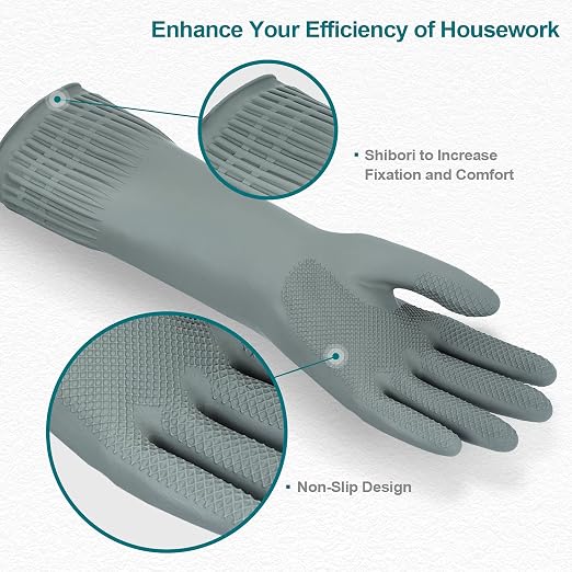 DABOGOSA Mamison 2 Pairs Reusable Waterproof Household Dishwashing Cleaning Rubber Gloves, Non-Slip Kitchen Glove (Grey, Medium (Pack of 2))