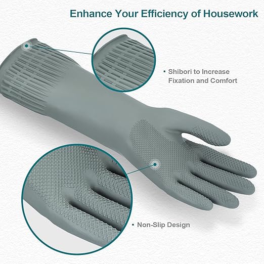 DABOGOSA Mamison 2 Pairs Reusable Waterproof Household Dishwashing Cleaning Rubber Gloves, Non-Slip Kitchen Glove (Grey, Large (Pack of 2))