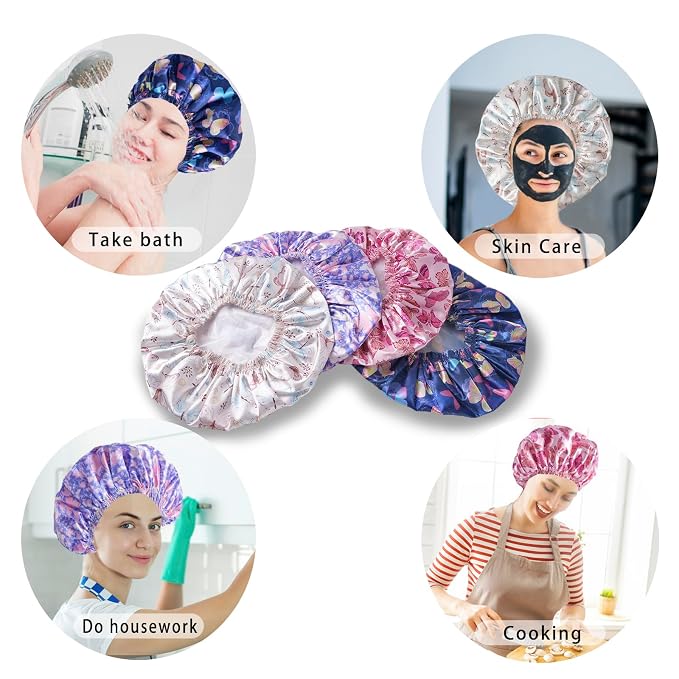 Shower Cap for Women,4 PCS Elastic and Reusable Bath Caps, Double Layers Shower Caps Reusable Waterproof, Bathing Shower Caps, Environmental Bath Hair Protection Cap - Butterfly E