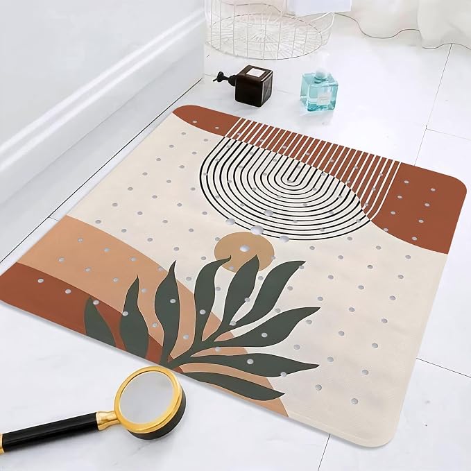 Leaves Square Anti Slip Shower Mats for Inside Shower Accessories, Boho Bath Mats for Bathroom Non Slip Shower Floor Mat Decor Rubber Bathmat with Suction and Drain Holes Machine Washable, 21″X21″