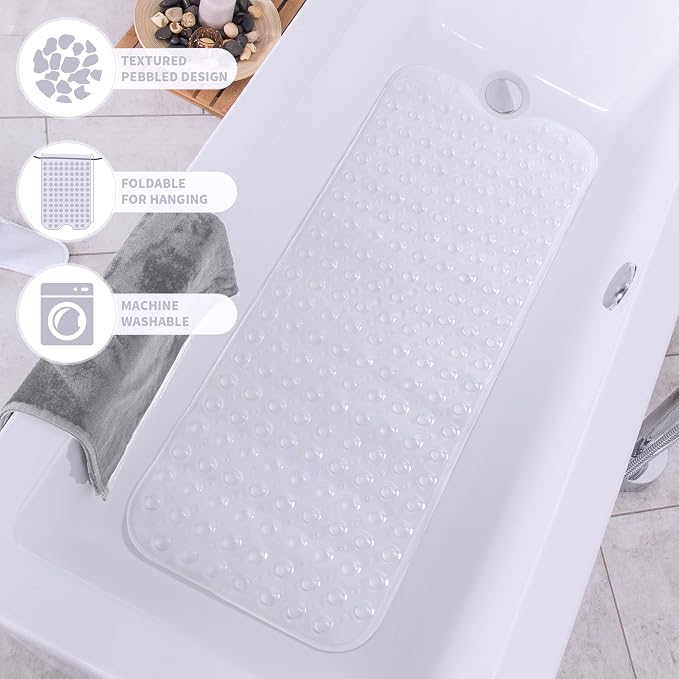 ROSMARUS Shower Mat Extra Long 16” x 39” Non-Slip Bath Mat for Tub with Suction Cups and Drain Holes Bathtub Mats for Kids, Baby, Bathroom Shower Floor Mat Anti Slip Bathtub Accessories, Clear