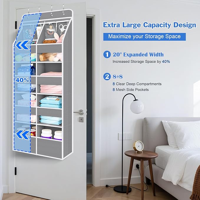 Univivi 5-Shelf Fabric Door Organizer Over Door Hanging Organizer with 8 Deep Pockets and 4 Small PVC Pockets Hanging Storage Organizers for Baby Nursery(Grey)