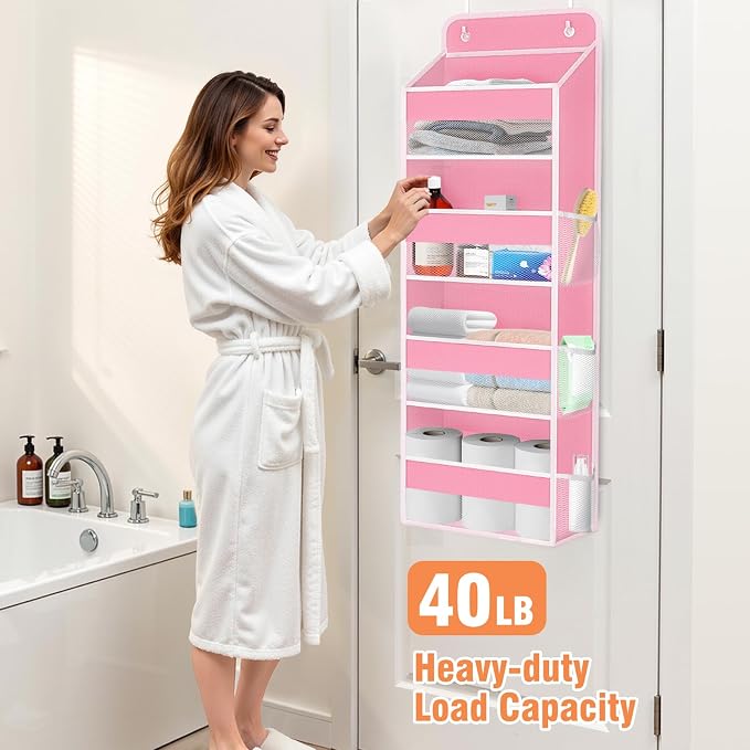 WISELIFE Over The Door Organizer Storage 4 Shelves Large Capacity Hanging Bedroom Storage Solution with 6 Side Pockets for Dorm Bathroom Pantry Nursery and Baby Essentials Holds up to 40 Lbs (Pink)