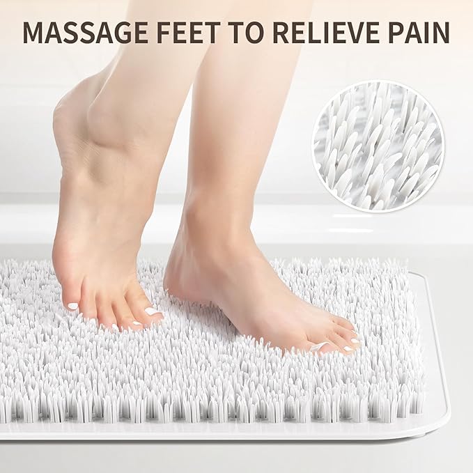 Yolife Shower Foot Scrubber Mat, Anti-Slip Bath Mat with Scrub Bristles, Soft Shower Foot Massager with Strong Suction Cups for Soothe Achy Feet (White, 27.5" x 15.7")